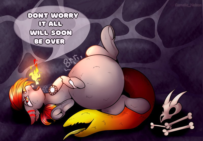 Size: 3000x2083 | Tagged: questionable, artist:cornelia_nelson, derpibooru import, oc, unofficial characters only, cyborg, pony, belly, big belly, bone, burp, dead, dialogue, digestion, fetish, fire, floppy ears, frog (hoof), implied death, implied digestion, large belly, post-vore, skull, speech bubble, stomach noise, tail mouth, underhoof, vore