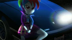 Size: 3840x2160 | Tagged: safe, artist:bastbrushie, artist:vbastv, derpibooru import, rainbow dash, equestria girls, friendship through the ages, rainbow rocks, 80s, adobe after effects, badge, car, clothes, crossover, grand theft auto, hotline miami, imponte ruiner, jewelry, license plate, light, looking at you, necklace, night, rainbow punk, rainbow sass, rock, rockin' hair, rockstar games, ruiner, san andreas, sitting, skirt, solo, spikes, vehicle, wristband
