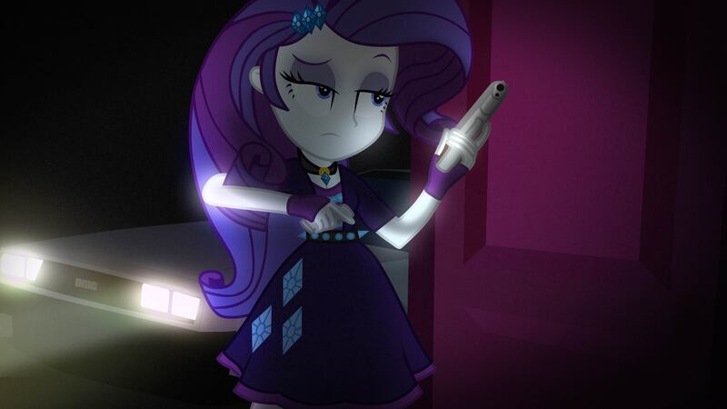 Size: 3840x2160 | Tagged: safe, artist:bastbrushie, artist:mixiepie, derpibooru import, rarity, equestria girls, back to the future, delorean, door, gun, gun magazine, handgun, hotline miami, pistol, retro, solo, weapon