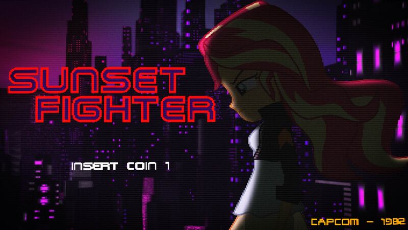 Size: 3840x2160 | Tagged: safe, artist:bastbrushie, artist:owlisun, artist:vbastv, derpibooru import, sunset shimmer, human, equestria girls, arcade game, capcom, city, parody, retro, retrowave, street fighter, synthwave