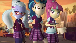 Size: 3840x2160 | Tagged: safe, artist:bastbrushie, artist:vbastv, derpibooru import, indigo zap, sour sweet, sugarcoat, equestria girls, friendship games, bowtie, car, city, clothes, crossover, crystal prep academy, crystal prep academy uniform, crystal prep shadowbolts, destruction, ear piercing, female, fire, freckles, glasses, goggles, grand theft auto, gta online, gta v, gun, los angeles, los santos, m416, micro uzi, mp5, palm tree, piercing, rockstar games, school uniform, skirt, tree, trio, uzi, vinewood, wallpaper, weapon