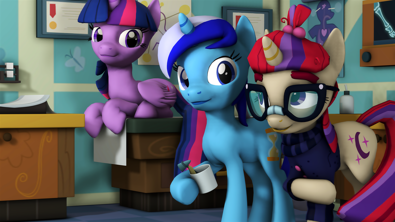 Size: 3840x2160 | Tagged: safe, artist:bastbrushie, artist:vbastv, derpibooru import, minuette, moondancer, twilight sparkle, twilight sparkle (alicorn), alicorn, earth pony, pony, unicorn, 3d, clothes, cup, dentist, embarrassed, female, glasses, mare, office, prone, raised hoof, room, smiling, source filmmaker, trio