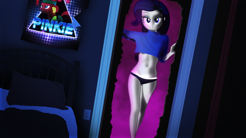 Size: 3840x2160 | Tagged: suggestive, artist:bastbrushie, artist:vbastv, derpibooru import, rarity, equestria girls, 80s, breasts, clothes, legs, panties, poster, retro, retrowave, room, synthwave, underboob, underwear, wierd science