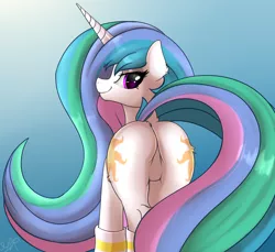 Size: 2100x1923 | Tagged: suggestive, artist:orangejuicerus, derpibooru import, princess celestia, alicorn, pony, butt, clothes, dock, featureless crotch, female, looking at you, looking back, looking back at you, mare, plot, rear view, simple background, socks, sunbutt