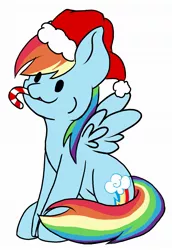 Size: 1435x2088 | Tagged: safe, artist:noxi1_48, derpibooru import, rainbow dash, pegasus, pony, :3, candy, candy cane, christmas, commission, female, food, happy, hat, holiday, mare, nom, santa hat, simple background, solo, sugar cane, white background, your character here