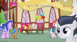 Size: 1179x647 | Tagged: safe, derpibooru import, screencap, apple bloom, minuette, mocha berry, rainbow stars, rumble, scootaloo, sea swirl, seafoam, skeedaddle, sweetie belle, tulip swirl, earth pony, pegasus, pony, unicorn, marks and recreation, colt, credits, cutie mark crusaders, cutie mark crusaders flag, discovery family logo, female, filly, male, ponyville