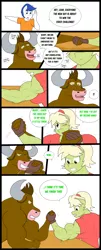 Size: 3168x7864 | Tagged: safe, artist:matchstickman, derpibooru import, granny smith, oc, unnamed oc, anthro, earth pony, minotaur, comic:free cider, anthro oc, arm wrestling, biceps, breasts, busty granny smith, clothes, comic, deltoids, dialogue, female, flashback, granny smash, male, mare, muscles, shirt, stallion, sweat, table, younger, young granny smith