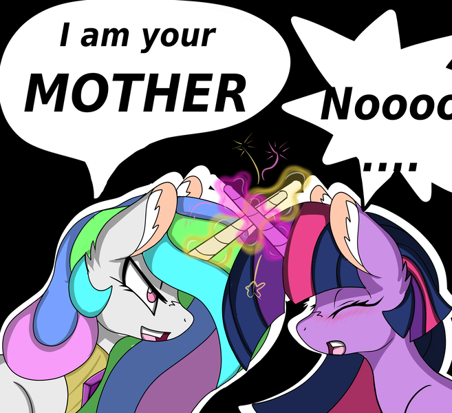 Size: 4059x3705 | Tagged: safe, artist:cuddlelamb, derpibooru import, princess celestia, twilight sparkle, pony, blushing, eyes closed, glowing horn, horn, horns are touching, lightsaber, luke i am your father, magic, star wars, weapon