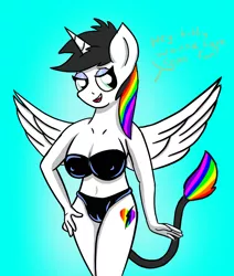 Size: 720x851 | Tagged: alicorn, alicorn oc, alternate version, anthro, bedroom eyes, breasts, derpibooru import, female, horn, multicolored hair, oc, oc:lightning bliss, rainbow hair, seductive, sexy lightning bliss, solo, solo female, spread wings, suggestive, text, wings