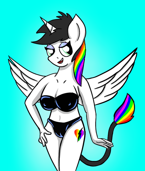 Size: 720x851 | Tagged: alicorn, alicorn oc, alternate version, anthro, bedroom eyes, breasts, clothes, derpibooru import, female, horn, multicolored hair, oc, oc:lightning bliss, rainbow hair, seducitive, sexy lightning bliss, solo, solo female, spread wings, suggestive, wings