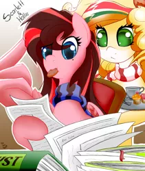 Size: 1590x1880 | Tagged: safe, artist:neod, derpibooru import, oc, oc:hollie, oc:only, oc:scarlett a la creme, earth pony, pegasus, blonde, blue eyes, book, clothes, cookie, cup, food, green eyes, head scratch, muffin, pink coat, scarf, taxes, teacup