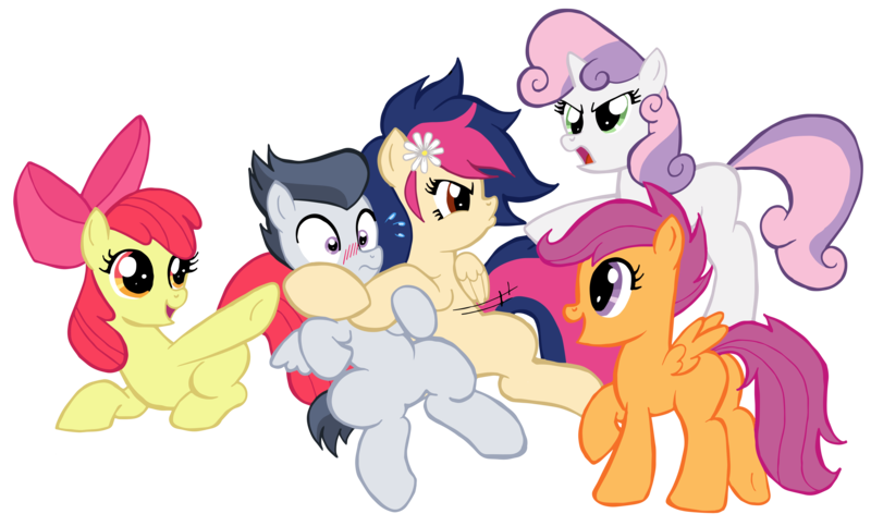 Size: 4137x2500 | Tagged: safe, artist:edcom02, derpibooru import, apple bloom, rumble, scootaloo, sweetie belle, oc, oc:mayday parker sparkle, earth pony, pegasus, pony, unicorn, blushing, colt, crossover, female, filly, male, offspring, parent:peter parker, parent:twilight sparkle, parents:spidertwi, rumble gets all the fillies, simple background, straight, transparent background