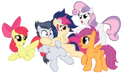 Size: 4137x2500 | Tagged: safe, artist:edcom02, derpibooru import, apple bloom, rumble, scootaloo, sweetie belle, oc, oc:mayday parker sparkle, earth pony, pegasus, pony, unicorn, blushing, colt, crossover, female, filly, male, offspring, parent:peter parker, parent:twilight sparkle, parents:spidertwi, rumble gets all the fillies, simple background, straight, transparent background