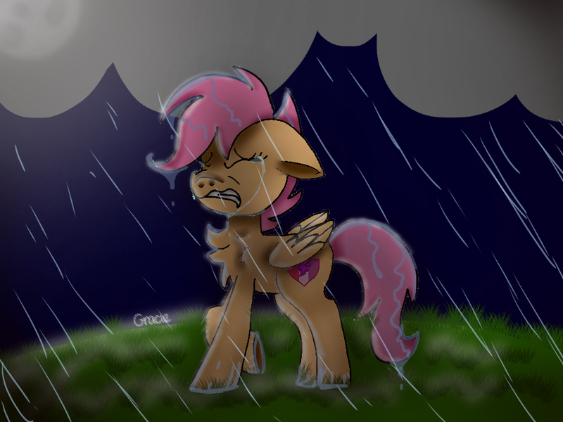 Size: 1024x768 | Tagged: safe, artist:badimo, derpibooru import, scootaloo, pegasus, pony, chest fluff, cloud, crying, cutie mark, eyes closed, female, filly, floppy ears, foal, folded wings, grass, hill, moon, night, rain, raised hoof, sad, signature, solo, storm, the cmc's cutie marks, wet, wings