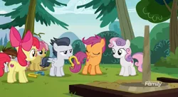 Size: 1177x647 | Tagged: safe, derpibooru import, screencap, apple bloom, kettle corn, pipsqueak, rumble, scootaloo, skeedaddle, sweetie belle, earth pony, pegasus, pony, unicorn, marks and recreation, colt, cutie mark, cutie mark crusaders, cutie mark day camp, discovery family logo, female, filly, frown, horseshoes, male, the cmc's cutie marks