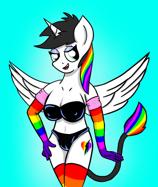 Size: 720x851 | Tagged: alicorn, alicorn oc, alternate version, anthro, bedroom eyes, clothes, derpibooru import, female, horn, multicolored hair, oc, oc:lightning bliss, rainbow hair, rainbow socks, seducitive, sexy lightning bliss, socks, solo, solo female, spread wings, striped socks, suggestive, wings