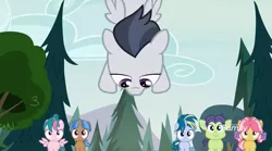 Size: 1171x649 | Tagged: safe, derpibooru import, screencap, cucumber seed, kettle corn, mocha berry, rumble, skeedaddle, tulip swirl, earth pony, pegasus, pony, unicorn, marks and recreation, blank flanks forever, colt, discovery family logo, female, filly, foal, male