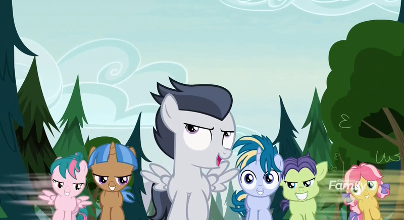 Size: 1173x639 | Tagged: safe, derpibooru import, screencap, cucumber seed, kettle corn, mocha berry, rumble, skeedaddle, tulip swirl, earth pony, pegasus, pony, unicorn, marks and recreation, blank flanks forever, colt, discovery family logo, female, filly, foal, male
