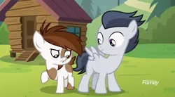Size: 1179x653 | Tagged: safe, derpibooru import, screencap, pipsqueak, rumble, earth pony, pegasus, pony, marks and recreation, blank flanks forever, colt, cutie mark day camp, discovery family logo, duo, eyes on the prize, looking at something, male