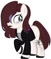 Size: 1245x1434 | Tagged: safe, artist:celestial-rue0w0, artist:pegasski, derpibooru import, oc, oc:cut crease, unofficial characters only, earth pony, pony, base used, blank flank, clothes, commission, eyeshadow, female, freckles, jacket, leather jacket, lip piercing, lipstick, makeup, mare, piercing, raised hoof, shirt, simple background, solo, t-shirt, transparent background, unshorn fetlocks