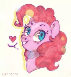 Size: 500x547 | Tagged: safe, artist:derrorro, derpibooru import, pinkie pie, earth pony, pony, bokeh, bust, cute, diapinkes, female, heart, looking at you, mare, pictogram, portrait, simple background, smiling, solo, speech bubble, three quarter view, white background