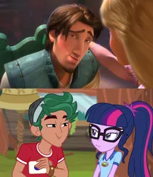 Size: 1617x1872 | Tagged: safe, derpibooru import, editor:sonic ranger, sci-twi, timber spruce, twilight sparkle, human, equestria girls, legend of everfree, comparison, female, flynn rider, glasses, here comes the smolder, male, rapunzel, shipping, straight, tangled (disney), timbertwi