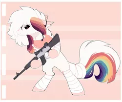 Size: 1920x1606 | Tagged: safe, artist:little-sketches, derpibooru import, oc, oc:ayaka, ponified, earth pony, pony, alternate design, bandage, bandana, bipedal, chest fluff, eye clipping through hair, female, gun, rifle, species swap, tail wrap, weapon