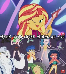 Size: 1080x1215 | Tagged: safe, derpibooru import, edit, edited screencap, screencap, bulk biceps, desert sage, doodle bug, drama letter, flash sentry, mile hill, sandalwood, sunset shimmer, technicolor waves, waldo whereabout, watermelody, equestria girls, equestria girls series, spring breakdown, spoiler:eqg series (season 2), all good (song), female, flashimmer, male, offscreen character, shipping, straight