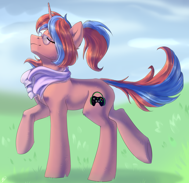 Size: 2560x2480 | Tagged: safe, artist:tigra0118, derpibooru import, oc, unofficial characters only, pony, unicorn, clothes, cutie mark, eyes closed, female, glasses, grass, grass field, high res, mare, scarf, solo