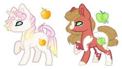 Size: 827x474 | Tagged: safe, artist:colacan-dy, artist:starling-sentry-yt, derpibooru import, earth pony, pony, unicorn, apple, cutie mark, female, food, gold apple, half apple, magical gay spawn, magical lesbian spawn, male, mare, offspring, parent:applejack, parent:big macintosh, parent:rarity, parent:troubleshoes clyde, parents:rarijack, parents:troublemac, raised hoof, stallion