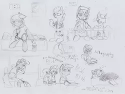 Size: 1030x776 | Tagged: safe, artist:khaki-cap, derpibooru import, oc, oc:khaki-cap, oc:macro lens, oc:miniscule font, oc:zjin, oc:zjin-wolfwalker, pony, bored, daily sketch, school, slice of life