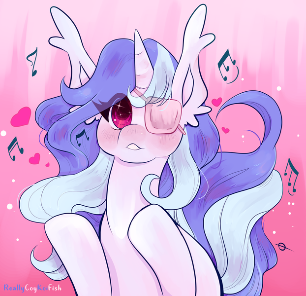 Size: 3904x3764 | Tagged: safe, artist:reallycoykoifish, derpibooru import, oc, pony, unicorn, big eyes, blushing, chubby cheeks, close-up, ear fluff, eye contact, eye shine, eyepatch, female, horn, looking at each other, music notes, shoujo sparkles, solo, two color hair, unicorn oc