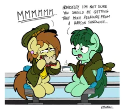 Size: 2236x1975 | Tagged: safe, artist:bobthedalek, derpibooru import, oc, oc:bubble pump, oc:clippy ticket, unofficial characters only, earth pony, pegasus, chair, clothes, cup, diner, female, food, hat, jacket, male, sandwich, sweater, teacup, thick outline