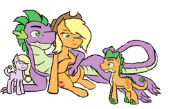 Size: 682x430 | Tagged: safe, artist:miesdo, derpibooru import, applejack, spike, oc, oc:apple fire, oc:appleheart, dracony, dragon, hybrid, pony, alternate hairstyle, applespike, female, interspecies offspring, loose hair, lying down, male, offspring, older, older applejack, older spike, parent:applejack, parent:spike, parents:applespike, pregnant, shipping, simple background, straight, white background