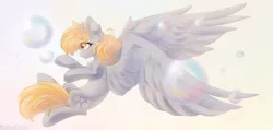 Size: 2362x1122 | Tagged: safe, artist:melloncollie-chan, derpibooru import, derpy hooves, pegasus, pony, bubble, chest fluff, cute, derpabetes, ear fluff, female, mare, profile, simple background, solo, spread wings, white background, wings