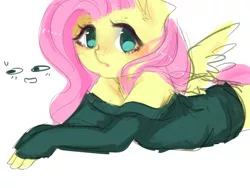 Size: 1280x960 | Tagged: anthro, artist:marinakirby, bottomless, clothes, cute, derpibooru import, female, fluttershy, looking at you, off shoulder, partial nudity, prone, safe, shyabetes, simple background, solo, sweater, sweatershy, white background