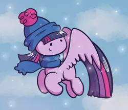 Size: 1400x1202 | Tagged: safe, artist:typhwosion, derpibooru import, twilight sparkle, twilight sparkle (alicorn), alicorn, pony, clothes, cloud, cute, female, flying, hat, mare, no nose, scarf, sky, snow, snowfall, solo, twiabetes, winter, winter outfit