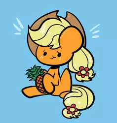 Size: 1062x1120 | Tagged: safe, artist:typhwosion, derpibooru import, applejack, earth pony, pony, blue background, cute, dot eyes, eating, female, flower, flower in hair, food, herbivore, jackabetes, mare, pineapple, simple background, sitting, solo