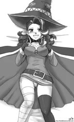 Size: 1000x1643 | Tagged: anime, artist:johnjoseco, ask gaming princess luna, blushing, breasts, clothes, cosplay, costume, crossover, cutie mark on human, derpibooru import, dress, female, grayscale, human, humanized, konosuba, looking at you, megumin, miniskirt, monochrome, open mouth, panties, skirt, skirt lift, smiling, solo, solo female, starlight glimmer, stupid sexy starlight glimmer, suggestive, underwear