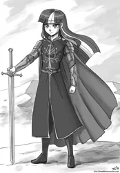 Size: 800x1150 | Tagged: anduril, aragorn, artist:johnjoseco, ask gaming princess luna, derpibooru import, gondor, grayscale, hauberk, human, humanized, longsword, lord of the rings, monochrome, pauldron, safe, solo, sword, tolkien, twilight sparkle, weapon, white tree of gondor, windswept hair