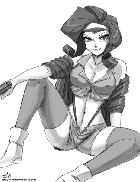 Size: 1100x1424 | Tagged: artist:johnjoseco, ask gaming princess luna, belly button, breasts, busty rarity, cleavage, cowboy bebop, derpibooru import, erect nipples, faye valentine, grayscale, human, humanized, midriff, monochrome, nipple outline, rarity, suggestive