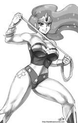 Size: 1100x1726 | Tagged: armpits, artist:johnjoseco, ask gaming princess luna, breasts, clothes, cosplay, costume, crossover, cutie mark on human, derpibooru import, female, grayscale, human, humanized, lasso, lasso of truth, monochrome, muscles, muscular female, princess celestia, princess musclestia, rope, safe, solo, wonder woman