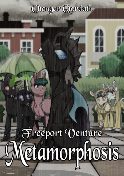 Size: 722x1024 | Tagged: safe, artist:inuhoshi-to-darkpen, derpibooru import, oc, oc:kukri, changeling, pony, fanfic, fanfic art, fanfic cover, purple changeling, rain, red changeling, umbrella