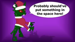 Size: 1920x1080 | Tagged: artist:hybrid-changling, changeling, changeling oc, christmas, christmas changeling, clothes, costume, derpibooru import, fangs, gradient background, green changeling, hat, holiday, oc, oc:hybrid changeling, rearing, red eyes, safe, santa costume, santa hat, solo, speech, talking, unofficial characters only