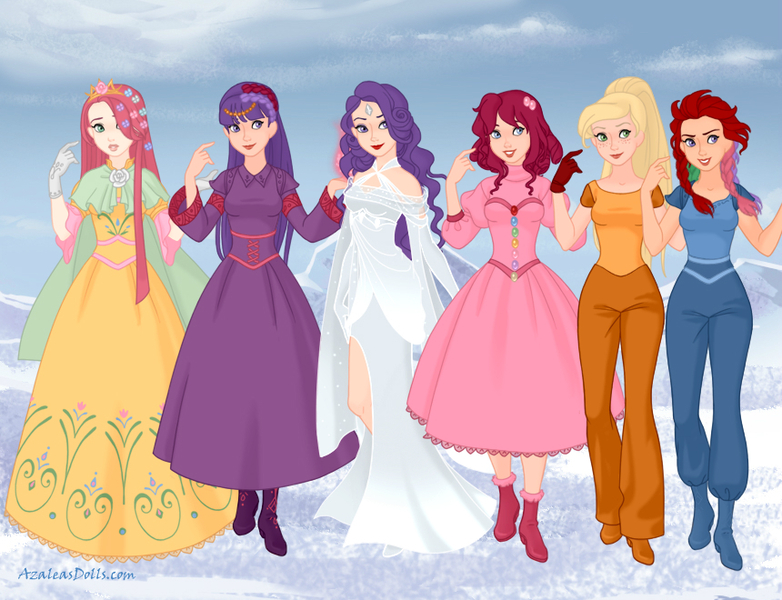 Size: 860x660 | Tagged: alicorn, applejack, artist:azaleasdolls, artist:roseprincessmitia, boots, clothes, crossover, crown, derpibooru import, disney, disney style, dress, evening gloves, fluttershy, frozen (movie), gloves, high heel boots, high heels, human, humanized, jewelry, long gloves, mane six, pinkie pie, rainbow dash, rarity, regalia, safe, shoes, snow queen maker, twilight sparkle, twilight sparkle (alicorn)