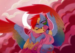 Size: 1748x1240 | Tagged: safe, artist:alkit_is_not_me, derpibooru import, fluttershy, rainbow dash, pegasus, pony, blushing, cloud, collaboration, colored wings, crescent moon, crying, ear fluff, eyes closed, female, flutterdash, flying, hug, large wings, lesbian, mare, moon, open mouth, red sky, shipping, signature, spread wings, tears of joy, transparent moon, wing fluff, wings