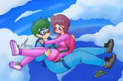 Size: 1280x852 | Tagged: artist:alyrise, bridal carry, carrying, clothes, cloud, couple, derpibooru import, falling, female, goggles, human, humanized, humanized oc, jumpsuit, male, oc, oc:software patch, oc:windcatcher, parachute, safe, skydiving, straight, unofficial characters only, windpatch