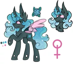 Size: 627x548 | Tagged: safe, artist:hunterthewastelander, derpibooru import, changeling queen oc, oc, oc:cassiopeia, unofficial characters only, changeling, changeling queen, changepony, hybrid, pony, blue changeling, female, flower, magical lesbian spawn, offspring, parent:princess celestia, parent:queen chrysalis, parents:chryslestia, raised hoof, reference sheet, solo