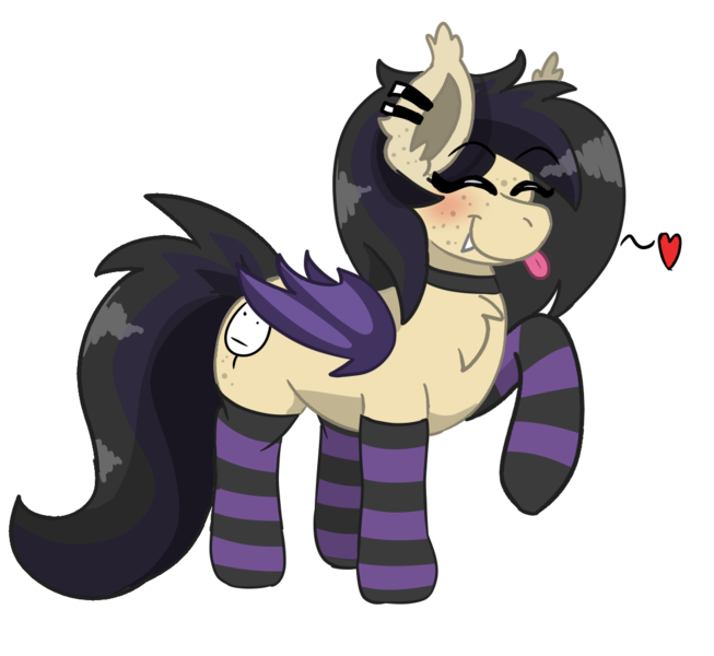 Size: 1114x1024 | Tagged: safe, artist:darkwolfhybrid, derpibooru import, oc, oc:darkius wolficus, unofficial characters only, bat pony, pony, :p, bat pony oc, bat wings, blushing, chest fluff, clothes, collar, cute, ear fluff, ear freckles, ear piercing, freckles, happy, piercing, simple background, socks, solo, striped socks, tongue out, transparent background, wings