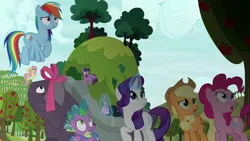 Size: 1920x1080 | Tagged: safe, derpibooru import, screencap, applejack, fluttershy, mr. tortoisnap, pinkie pie, rainbow dash, rarity, spike, twilight sparkle, twilight sparkle (alicorn), alicorn, dragon, between dark and dawn, apple, apple tree, food, giant tortoise, mane six, tree, winged spike